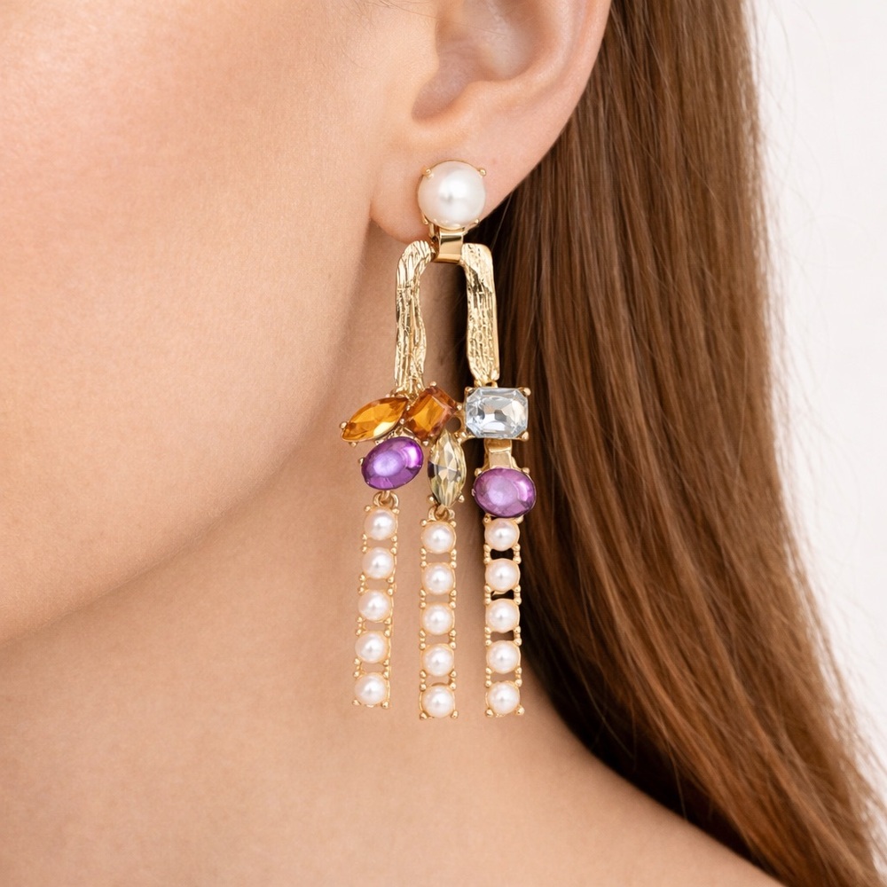Statement Gold-Tone Earrings with Colorful Stones & Faux Pearl Strands